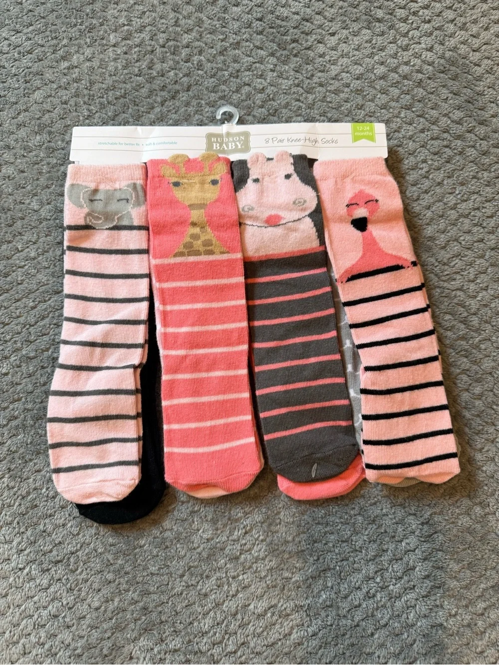 NWT Hudson 12-24 Month Baby Pink and Gray Animal Knee-High Socks - 4 Pack